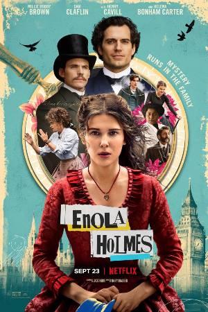 Enola Holmes, Poster de la película con Enola al centro y los demás personajes la rodean al fondo