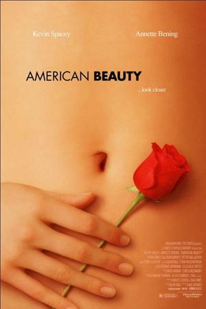Poster de American Beauty. Una mano femenina con una rosa roja, sobre la piel de un abdomen desnudo.